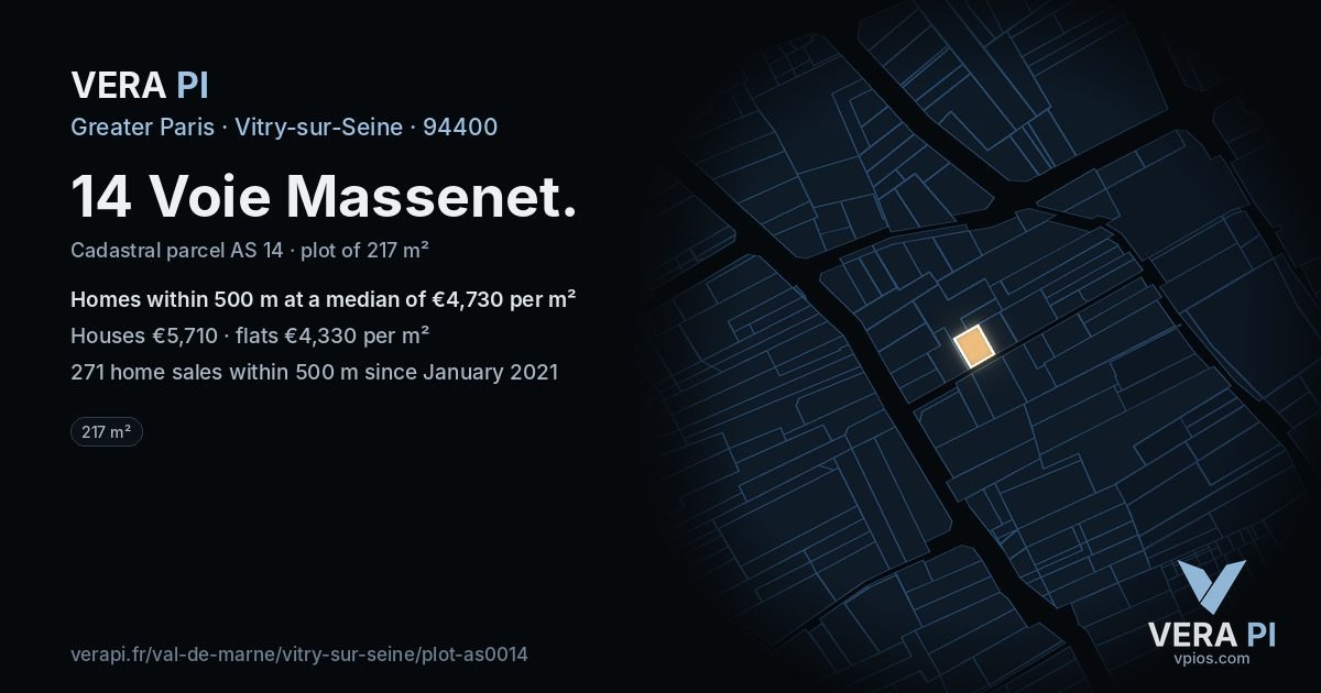 14 Voie Massenet, Vitry-sur-Seine at night – the plot lit, the parcels around coloured by the prices near them