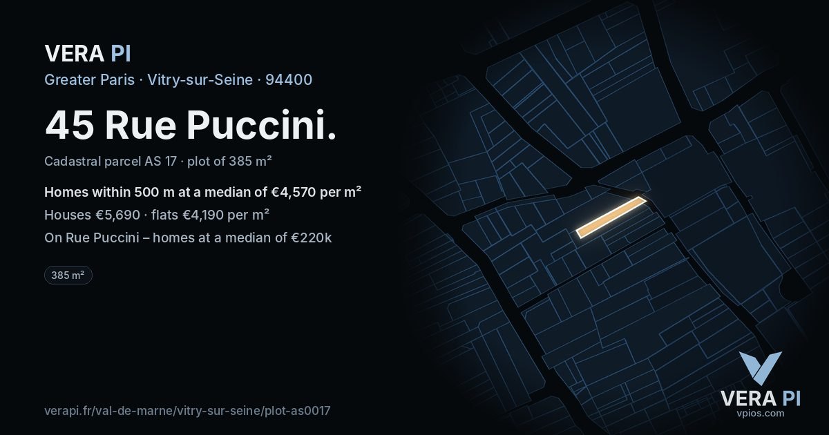 45 Rue Puccini, Vitry-sur-Seine at night – the plot lit, the parcels around coloured by the prices near them