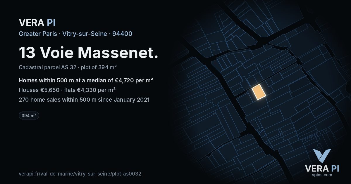 13 Voie Massenet, Vitry-sur-Seine at night – the plot lit, the parcels around coloured by the prices near them