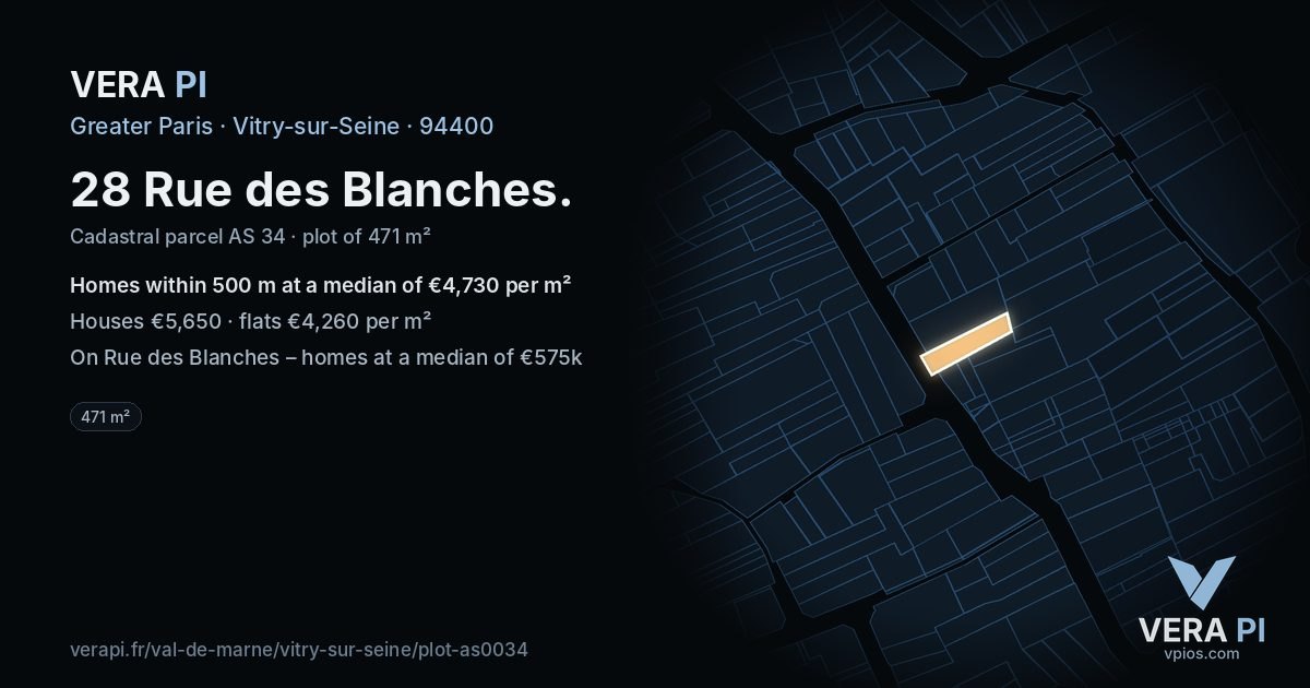 28 Rue des Blanches, Vitry-sur-Seine at night – the plot lit, the parcels around coloured by the prices near them