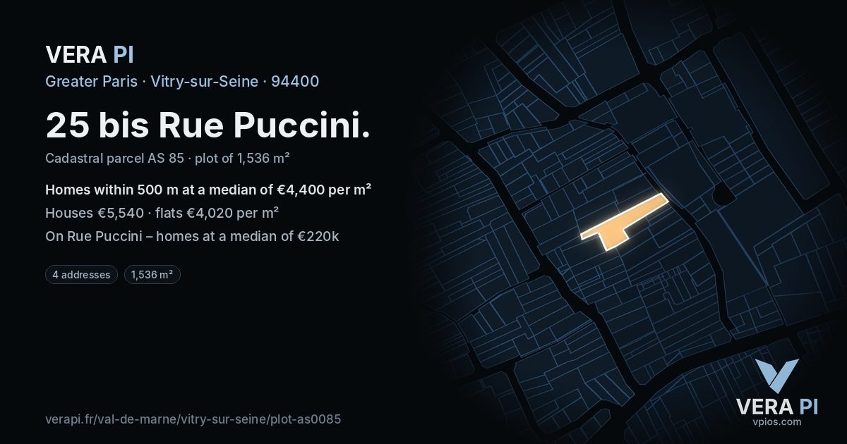 25 bis Rue Puccini, Vitry-sur-Seine at night – the plot lit, the parcels around coloured by the prices near them