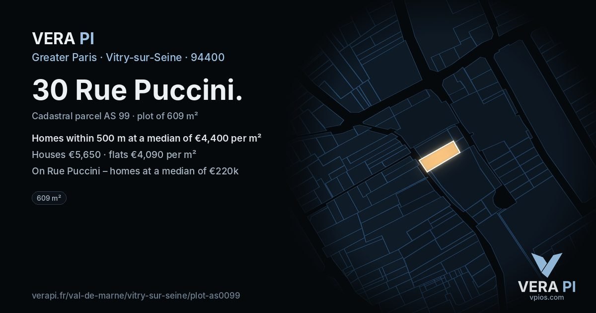 30 Rue Puccini, Vitry-sur-Seine at night – the plot lit, the parcels around coloured by the prices near them