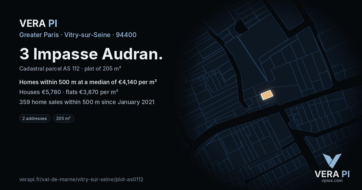 3 Impasse Audran, Vitry-sur-Seine at night – the plot lit, the parcels around coloured by the prices near them