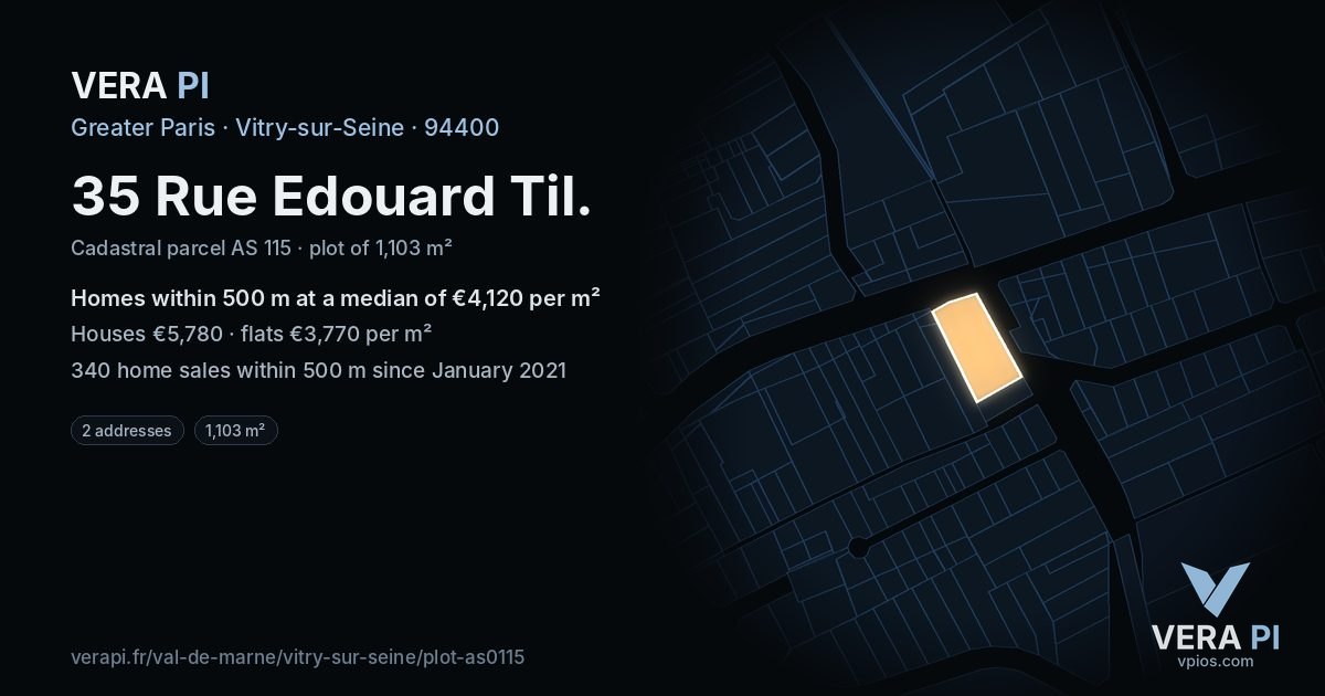 35 Rue Edouard Til, Vitry-sur-Seine at night – the plot lit, the parcels around coloured by the prices near them