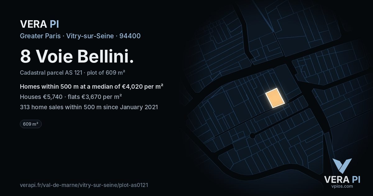 8 Voie Bellini, Vitry-sur-Seine at night – the plot lit, the parcels around coloured by the prices near them