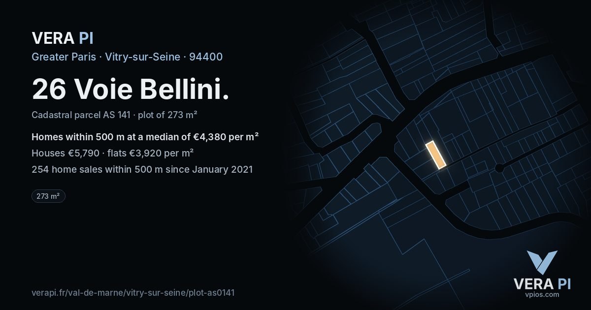 26 Voie Bellini, Vitry-sur-Seine at night – the plot lit, the parcels around coloured by the prices near them