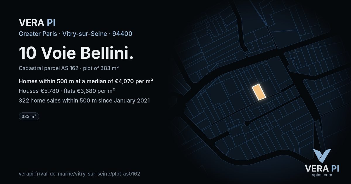 10 Voie Bellini, Vitry-sur-Seine at night – the plot lit, the parcels around coloured by the prices near them