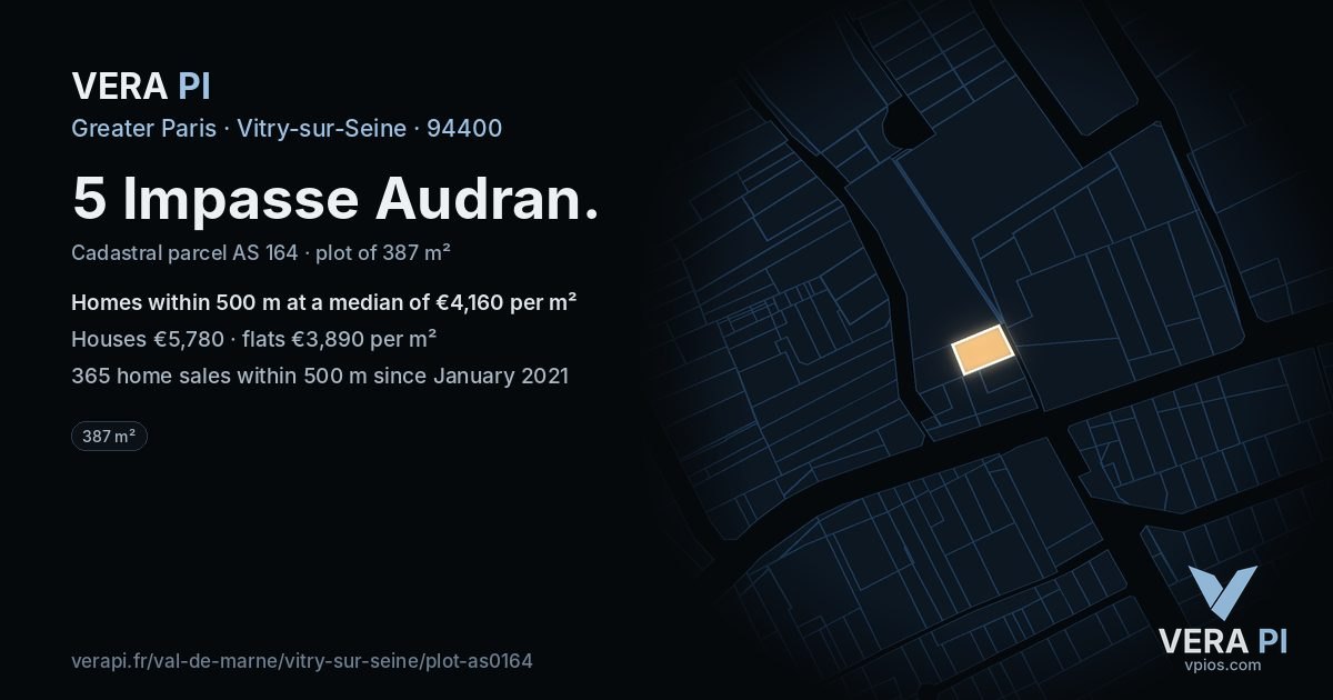 5 Impasse Audran, Vitry-sur-Seine at night – the plot lit, the parcels around coloured by the prices near them