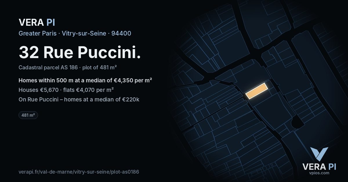 32 Rue Puccini, Vitry-sur-Seine at night – the plot lit, the parcels around coloured by the prices near them