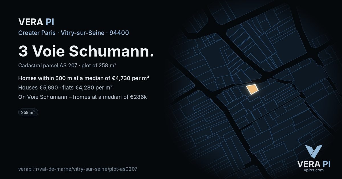 3 Voie Schumann, Vitry-sur-Seine at night – the plot lit, the parcels around coloured by the prices near them