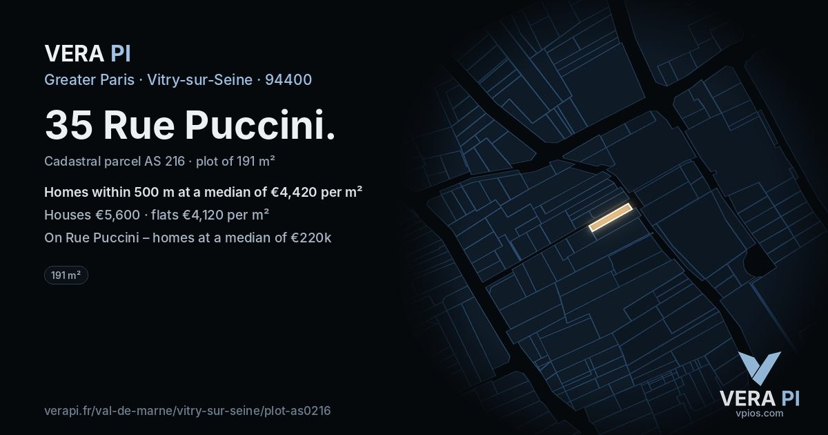 35 Rue Puccini, Vitry-sur-Seine at night – the plot lit, the parcels around coloured by the prices near them