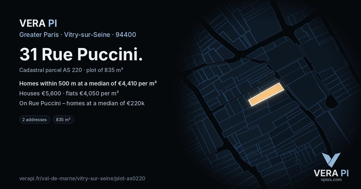 31 Rue Puccini, Vitry-sur-Seine at night – the plot lit, the parcels around coloured by the prices near them