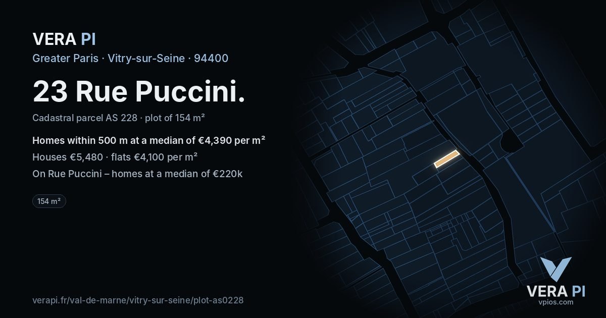 23 Rue Puccini, Vitry-sur-Seine at night – the plot lit, the parcels around coloured by the prices near them