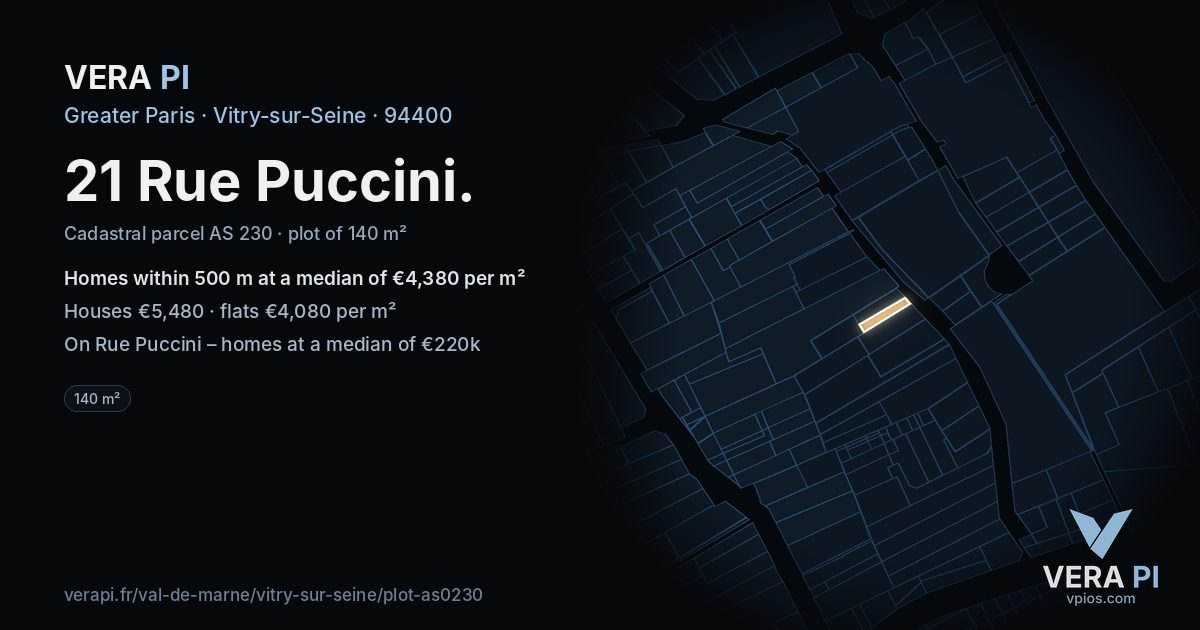 21 Rue Puccini, Vitry-sur-Seine at night – the plot lit, the parcels around coloured by the prices near them