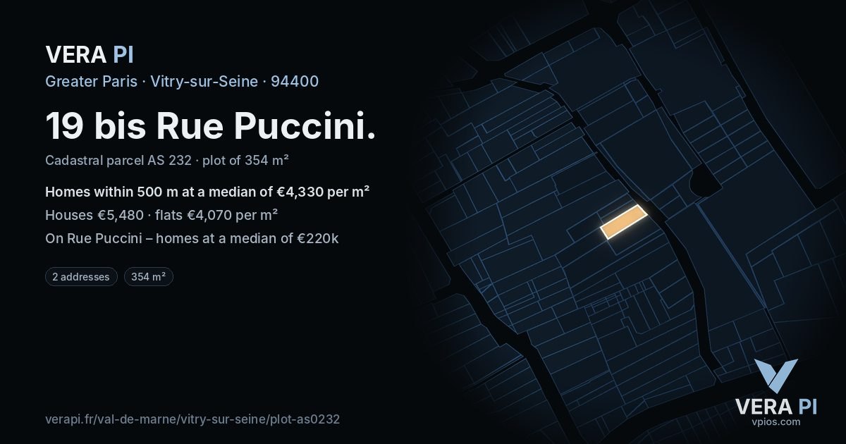 19 bis Rue Puccini, Vitry-sur-Seine at night – the plot lit, the parcels around coloured by the prices near them