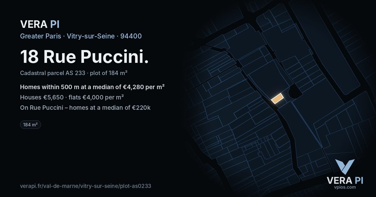 18 Rue Puccini, Vitry-sur-Seine at night – the plot lit, the parcels around coloured by the prices near them