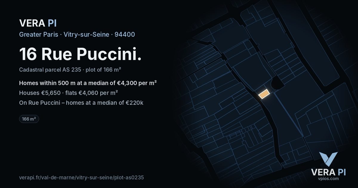 16 Rue Puccini, Vitry-sur-Seine at night – the plot lit, the parcels around coloured by the prices near them