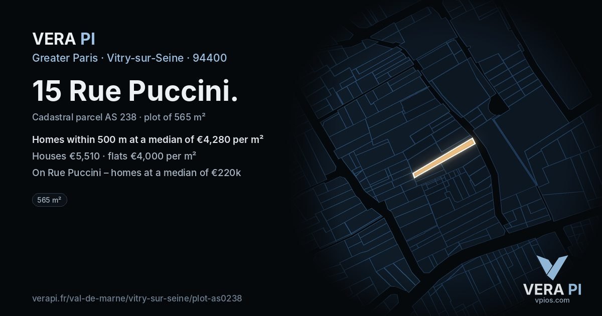 15 Rue Puccini, Vitry-sur-Seine at night – the plot lit, the parcels around coloured by the prices near them