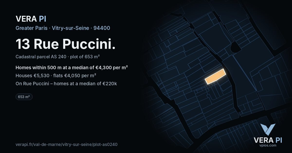 13 Rue Puccini, Vitry-sur-Seine at night – the plot lit, the parcels around coloured by the prices near them