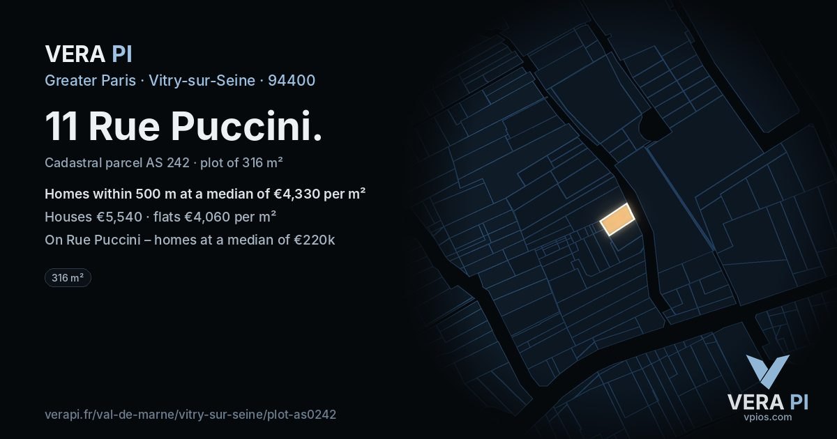 11 Rue Puccini, Vitry-sur-Seine at night – the plot lit, the parcels around coloured by the prices near them