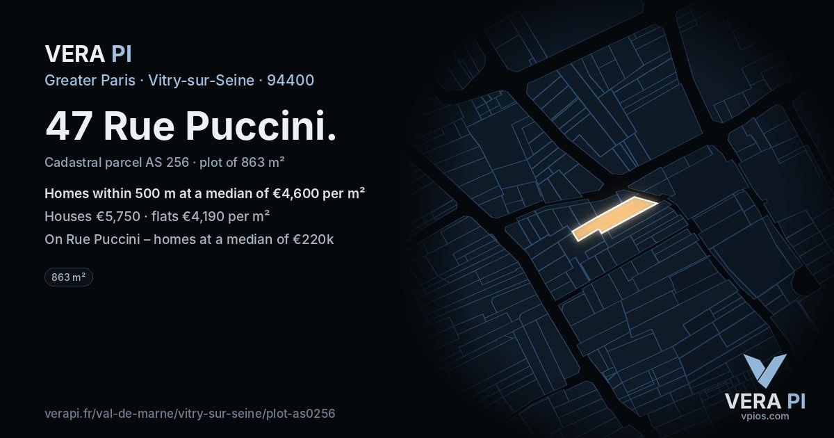 47 Rue Puccini, Vitry-sur-Seine at night – the plot lit, the parcels around coloured by the prices near them