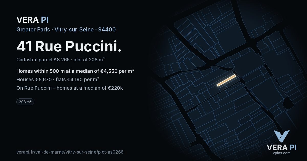 41 Rue Puccini, Vitry-sur-Seine at night – the plot lit, the parcels around coloured by the prices near them