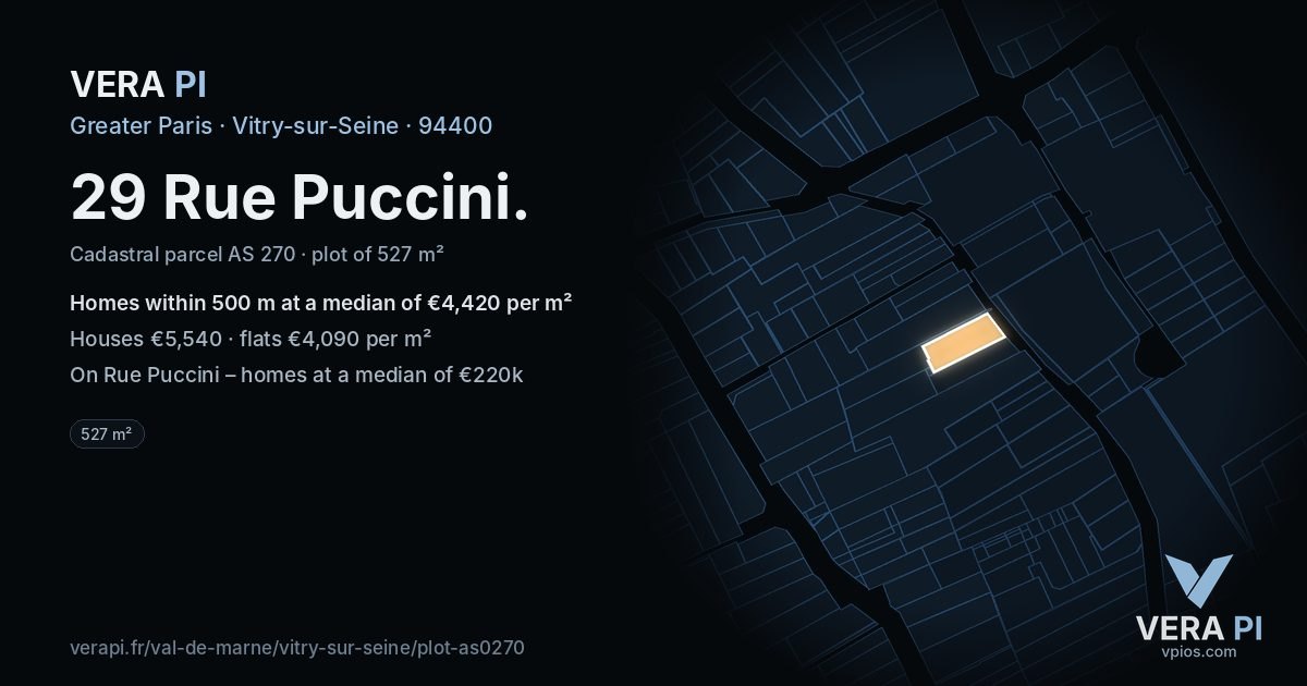 29 Rue Puccini, Vitry-sur-Seine at night – the plot lit, the parcels around coloured by the prices near them