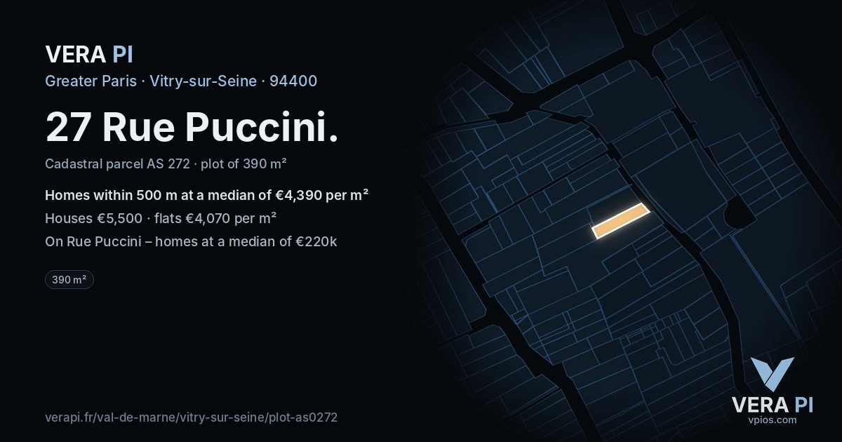 27 Rue Puccini, Vitry-sur-Seine at night – the plot lit, the parcels around coloured by the prices near them