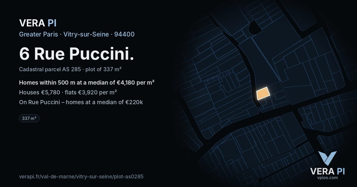 6 Rue Puccini, Vitry-sur-Seine at night – the plot lit, the parcels around coloured by the prices near them
