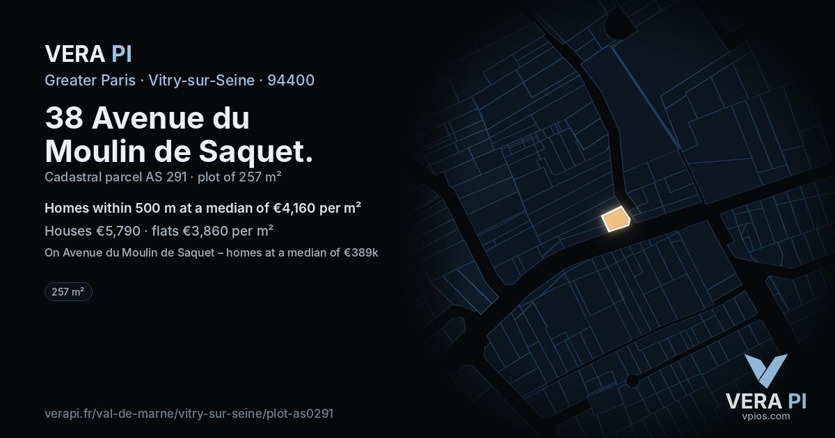 38 Avenue du Moulin de Saquet, Vitry-sur-Seine at night – the plot lit, the parcels around coloured by the prices near them