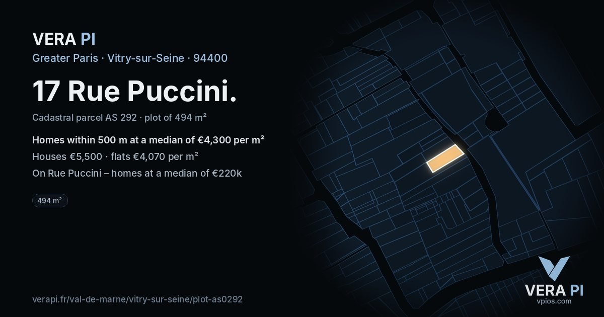 17 Rue Puccini, Vitry-sur-Seine at night – the plot lit, the parcels around coloured by the prices near them