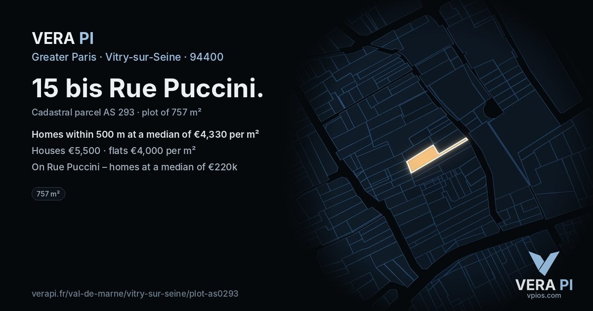15 bis Rue Puccini, Vitry-sur-Seine at night – the plot lit, the parcels around coloured by the prices near them