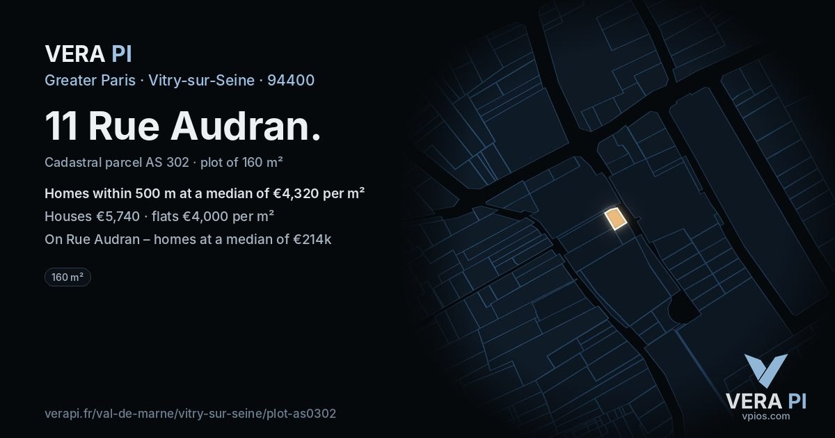 11 Rue Audran, Vitry-sur-Seine at night – the plot lit, the parcels around coloured by the prices near them