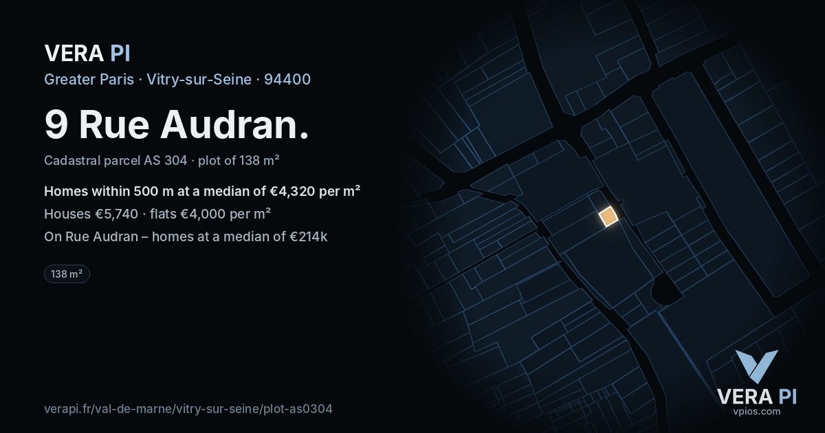 9 Rue Audran, Vitry-sur-Seine at night – the plot lit, the parcels around coloured by the prices near them