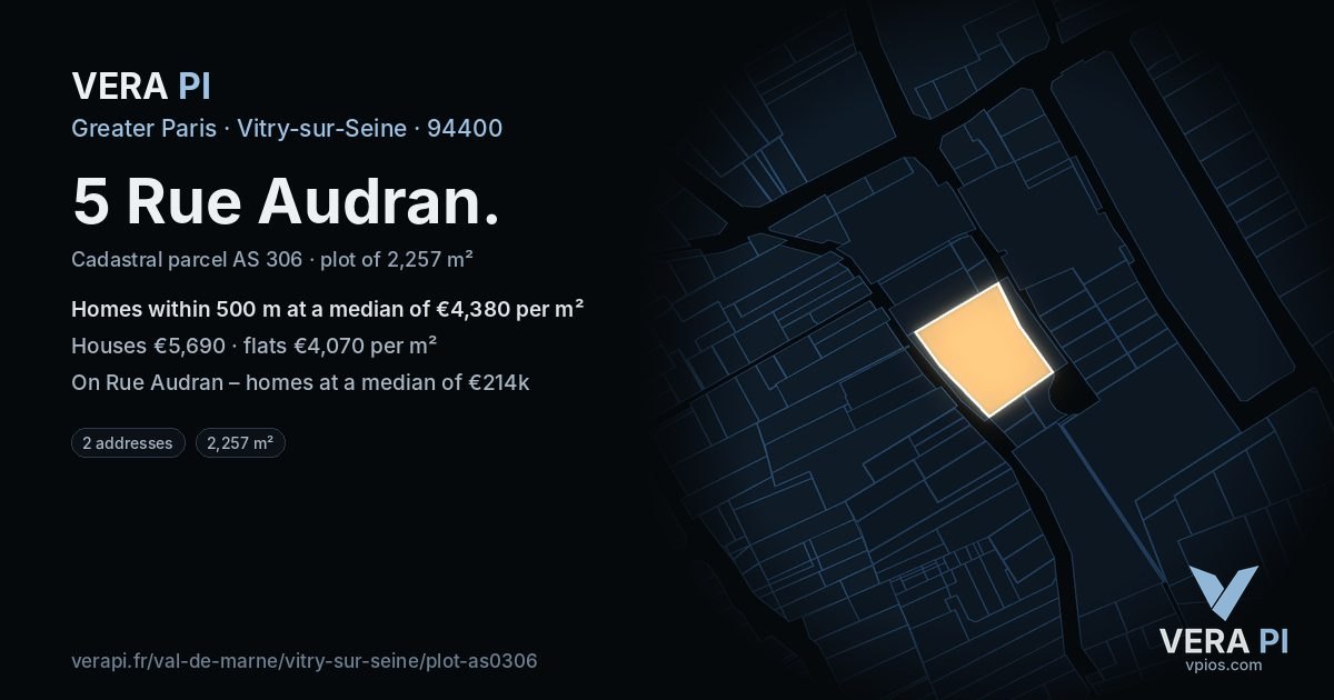 5 Rue Audran, Vitry-sur-Seine at night – the plot lit, the parcels around coloured by the prices near them