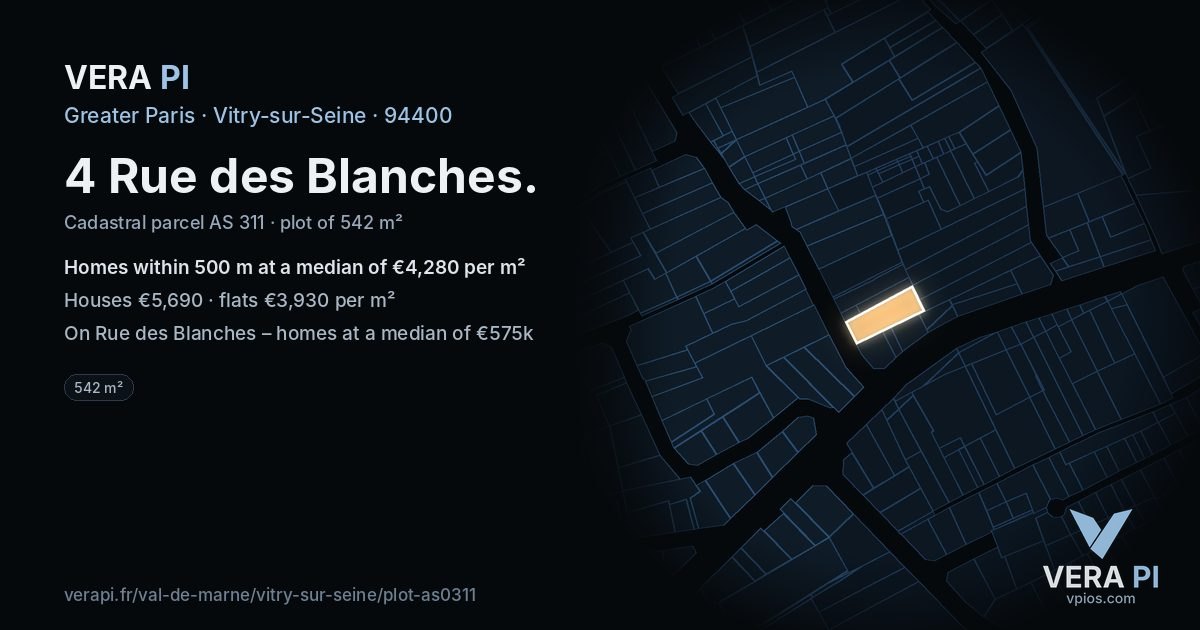 4 Rue des Blanches, Vitry-sur-Seine at night – the plot lit, the parcels around coloured by the prices near them