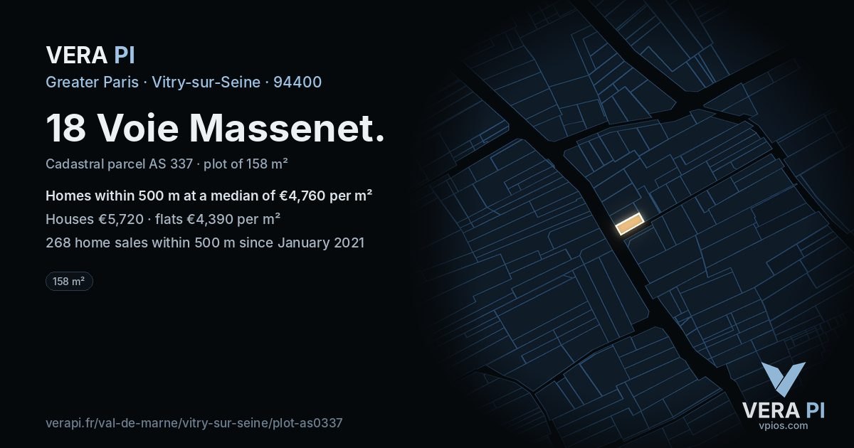 18 Voie Massenet, Vitry-sur-Seine at night – the plot lit, the parcels around coloured by the prices near them