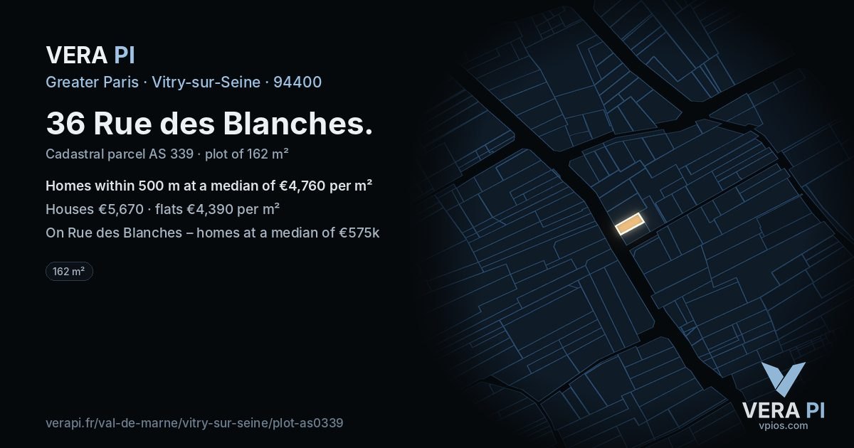 36 Rue des Blanches, Vitry-sur-Seine at night – the plot lit, the parcels around coloured by the prices near them