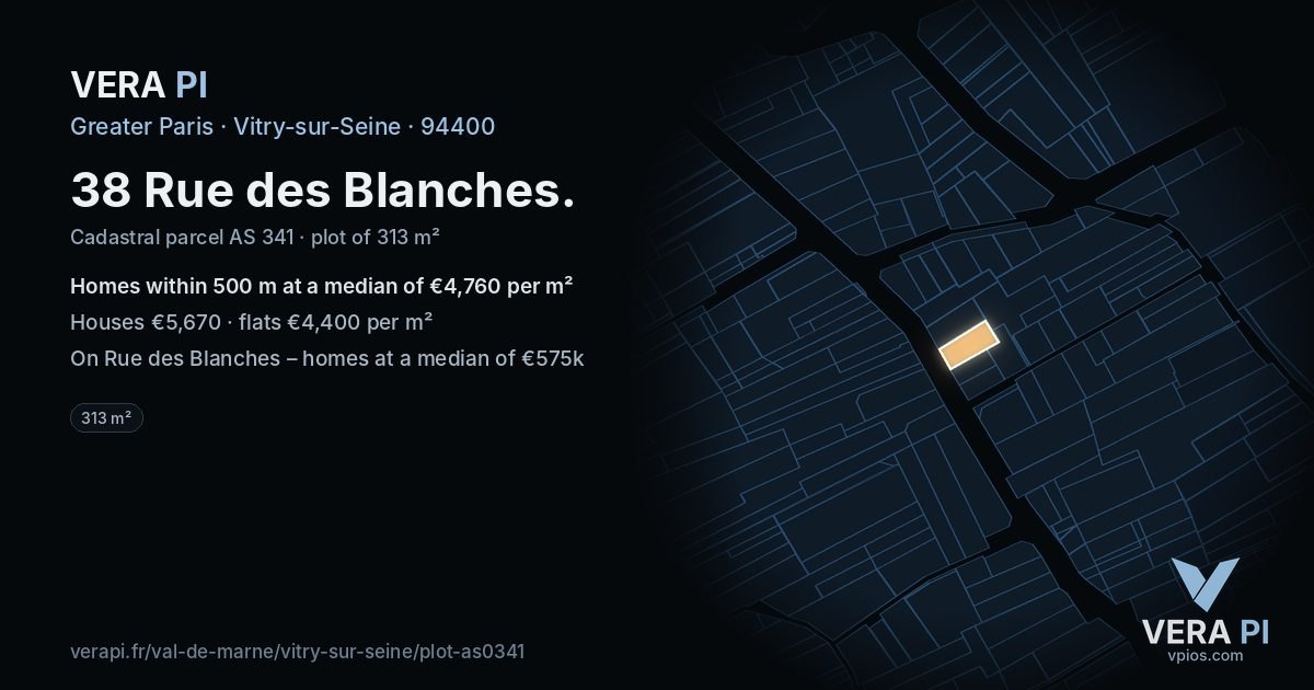 38 Rue des Blanches, Vitry-sur-Seine at night – the plot lit, the parcels around coloured by the prices near them