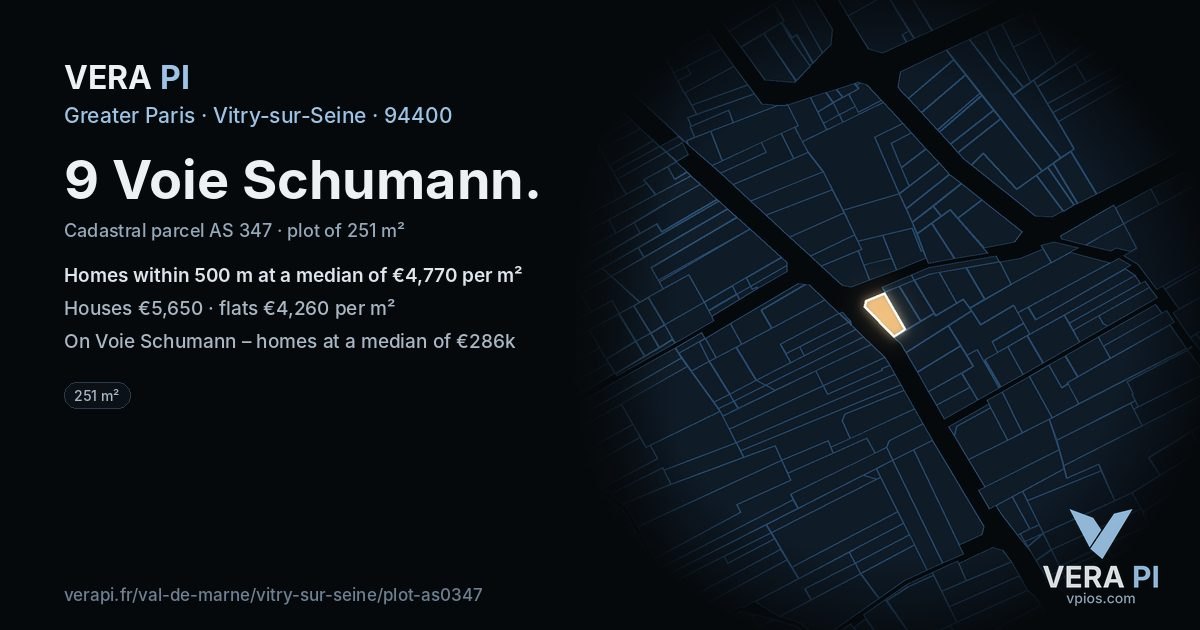 9 Voie Schumann, Vitry-sur-Seine at night – the plot lit, the parcels around coloured by the prices near them