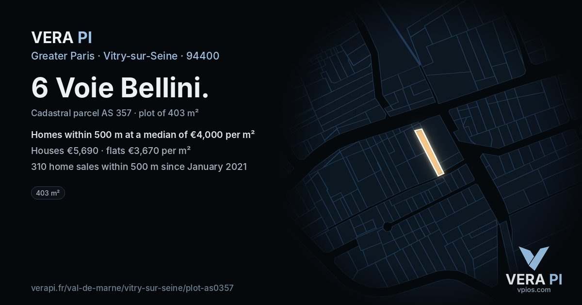 6 Voie Bellini, Vitry-sur-Seine at night – the plot lit, the parcels around coloured by the prices near them