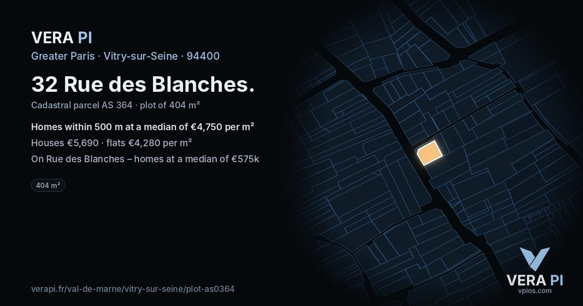 32 Rue des Blanches, Vitry-sur-Seine at night – the plot lit, the parcels around coloured by the prices near them