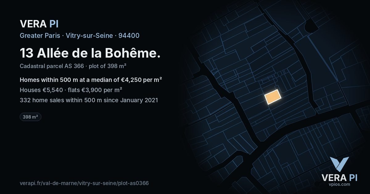 13 Allée de la Bohême, Vitry-sur-Seine at night – the plot lit, the parcels around coloured by the prices near them