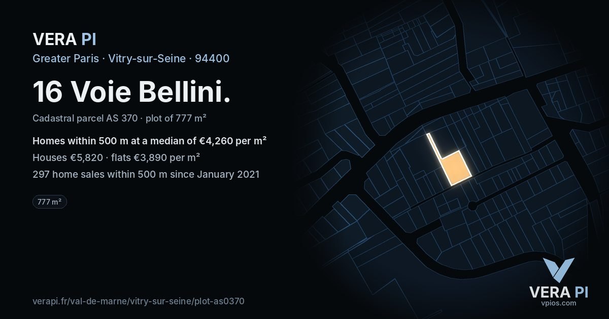 16 Voie Bellini, Vitry-sur-Seine at night – the plot lit, the parcels around coloured by the prices near them