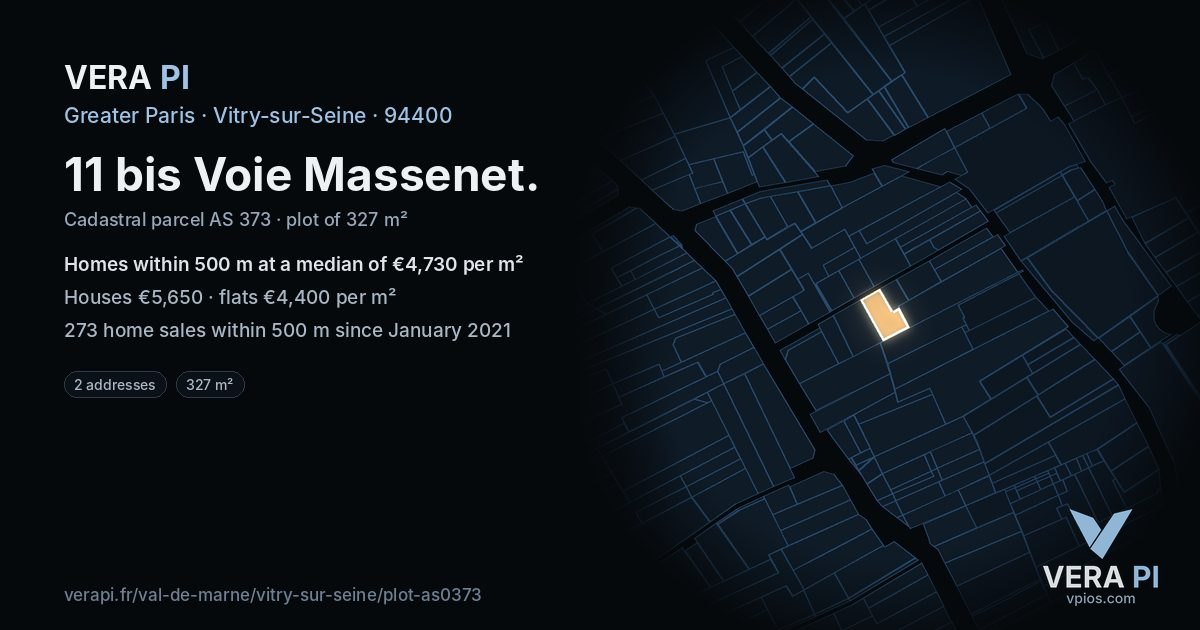 11 bis Voie Massenet, Vitry-sur-Seine at night – the plot lit, the parcels around coloured by the prices near them