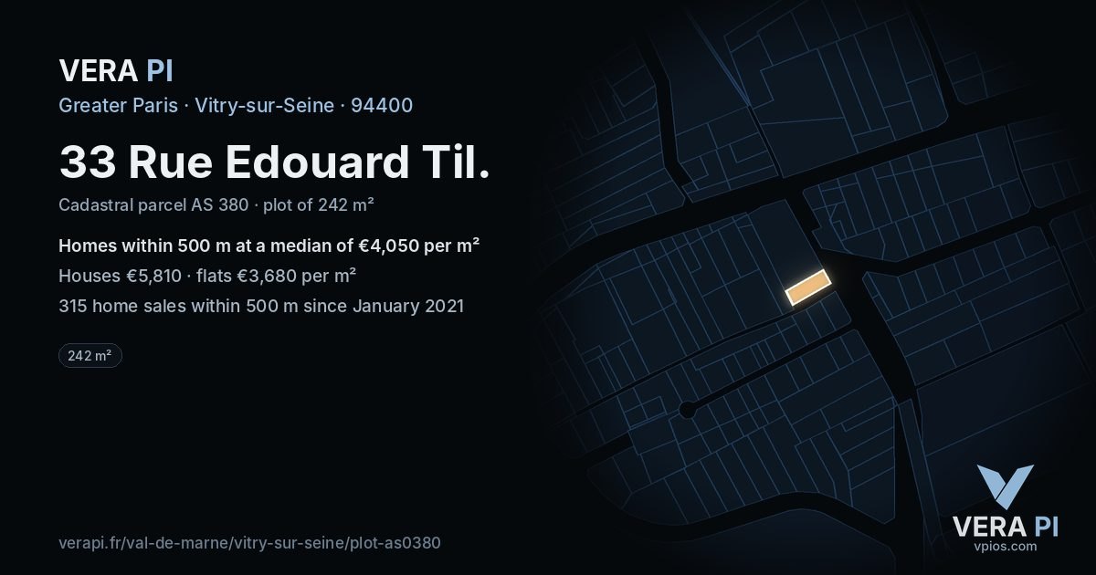 33 Rue Edouard Til, Vitry-sur-Seine at night – the plot lit, the parcels around coloured by the prices near them