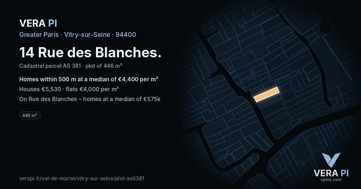 14 Rue des Blanches, Vitry-sur-Seine at night – the plot lit, the parcels around coloured by the prices near them