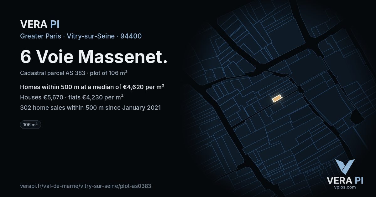 6 Voie Massenet, Vitry-sur-Seine at night – the plot lit, the parcels around coloured by the prices near them