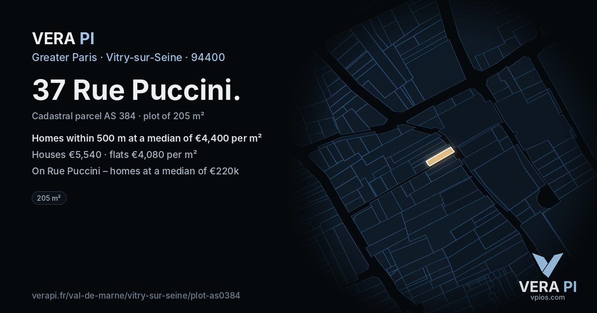 37 Rue Puccini, Vitry-sur-Seine at night – the plot lit, the parcels around coloured by the prices near them