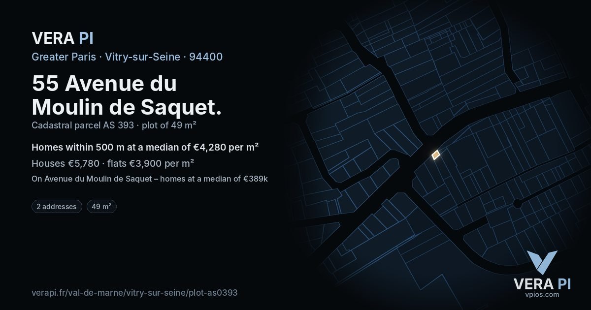 55 Avenue du Moulin de Saquet, Vitry-sur-Seine at night – the plot lit, the parcels around coloured by the prices near them
